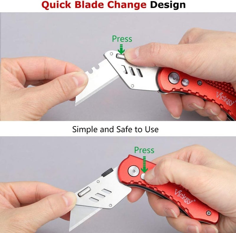 Vickay Box Cutter Folding Utility Knife Heavy Duty with 5 SK5 Quick Change Blades, Safety Axis Lock Design Razor Knife, Lightweight Aluminum Body Belt Clip for Office - Image 4